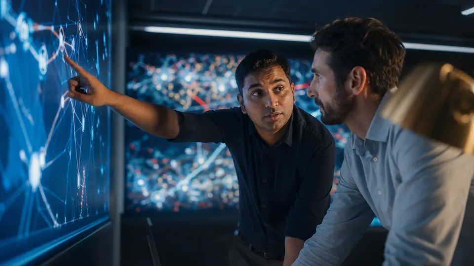 Two security analysts confer in a dim operations center in front of a glowing wall of network visualizations (illustrative photo, not a real event).