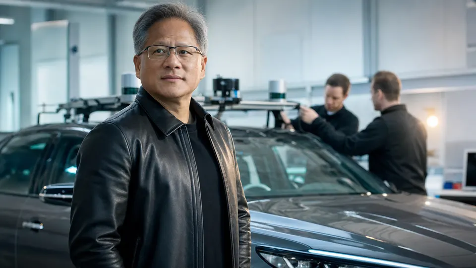 Photo-style image of Jensen Huang standing beside a sensor-equipped luxury sedan in an engineering lab while engineers work behind him.