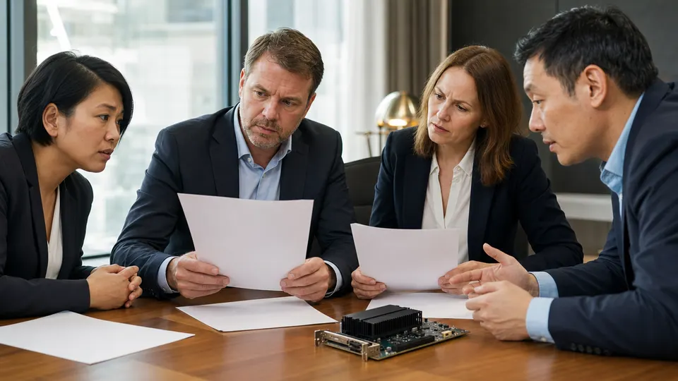 Anonymous finance and semiconductor professionals discuss an AI investment around a conference table beside a small accelerator board.