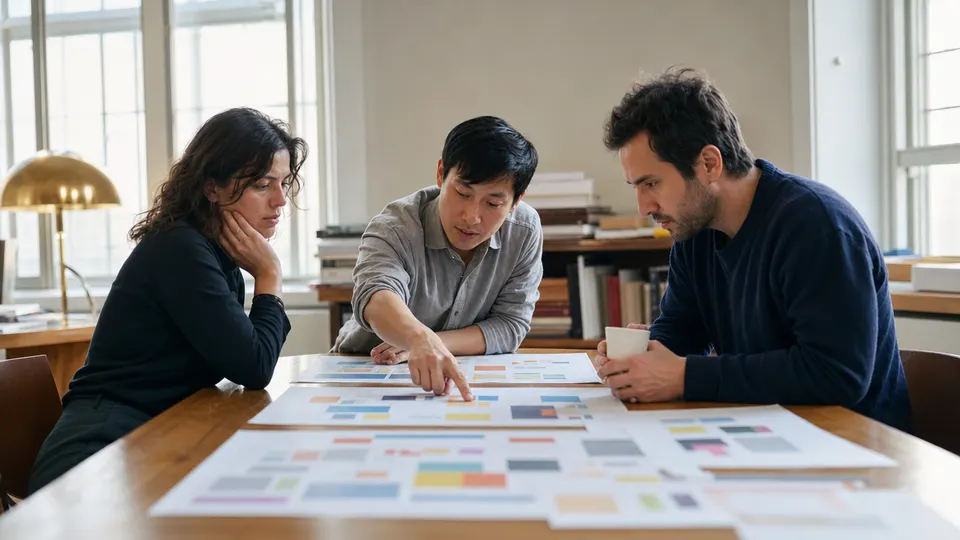 Three researchers in a lab discuss printed diagrams of colored blocks around a table in daylight.