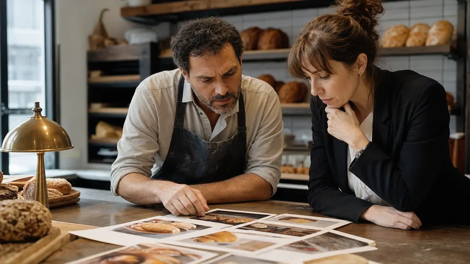 A bakery owner and a marketing consultant examine printed ad mockups together at a shop counter in warm morning light.