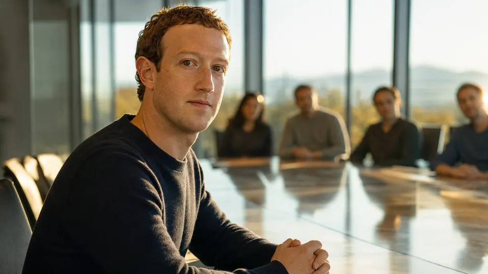 Illustrative photo of Meta chief executive Mark Zuckerberg seated at a boardroom table in warm window light, facing the camera in three-quarter view.