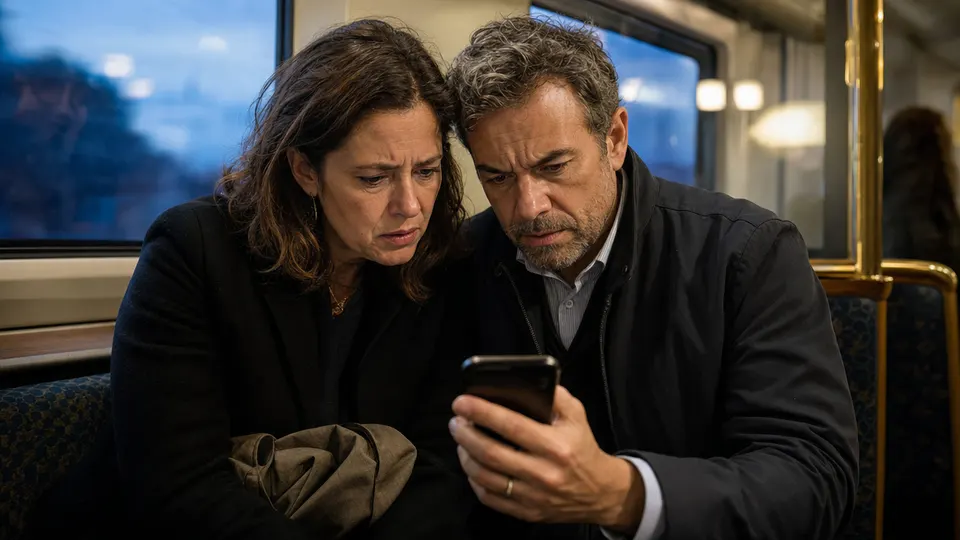 Two commuters on an evening train look with concern at a shared smartphone screen.