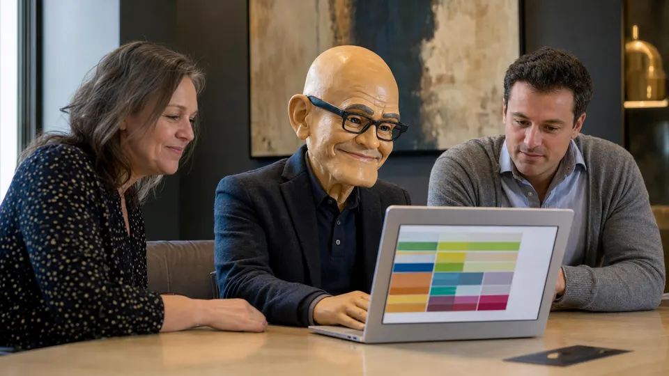 A puppet caricature of Satya Nadella at a conference table, studying a laptop showing spreadsheet-like grids while two colleagues look on.