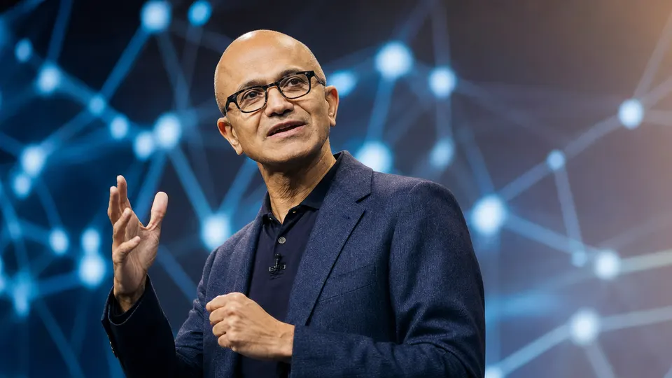 Satya Nadella presenting on a stage in front of a glowing abstract network diagram (illustrative image, not a photo of a specific event).