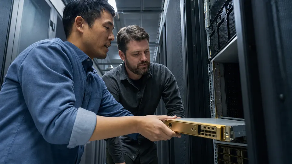 Two engineers handle a compute module between rows of server racks.