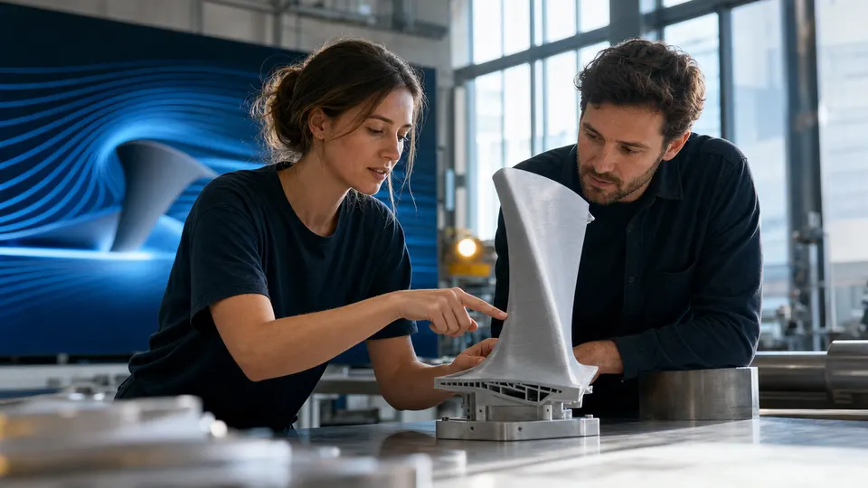 Two engineers examine a 3D-printed turbine blade prototype in a design lab with a glowing airflow simulation on the wall behind them.