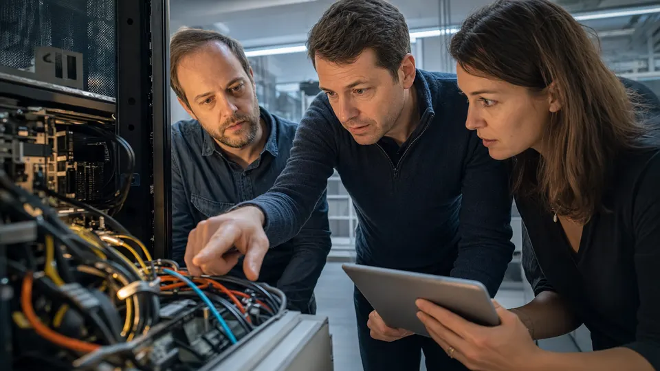 Engineers examining a server rack together in a research lab