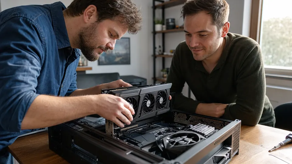 Two engineers installing a large graphics card into an open desktop computer in a workshop-style room