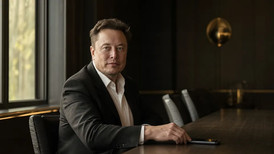 Elon Musk seated at a conference table in a dim room, looking toward the camera in warm side light. Illustrative image, not a real event.