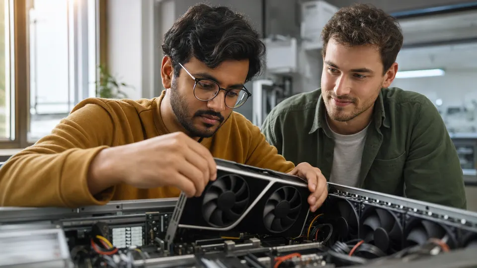 Two engineers installing a graphics card into an open workstation in a bright lab.