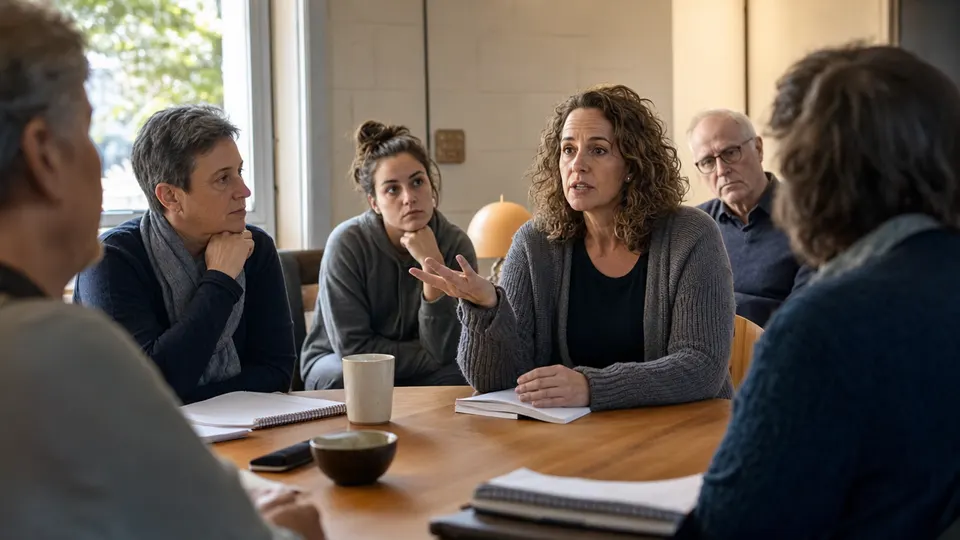 Child-safety advocates and volunteers sit around a table in a community meeting room as one woman speaks to the group.