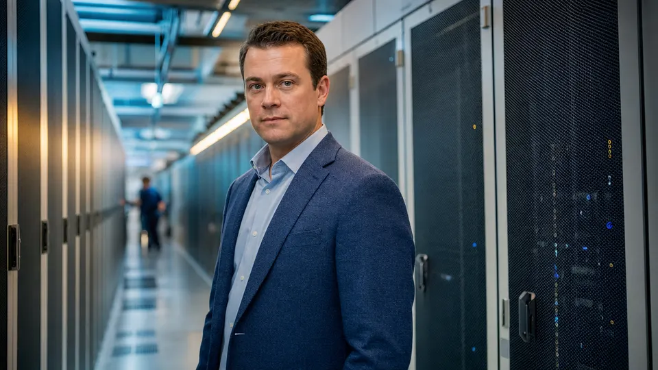Illustrative photo of a technology executive standing in a large data center hall between rows of server racks.