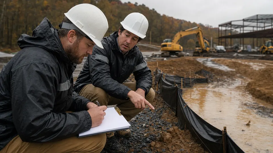 Two engineers in rain gear inspect erosion control fencing and muddy runoff at a data center construction site in hilly terrain.
