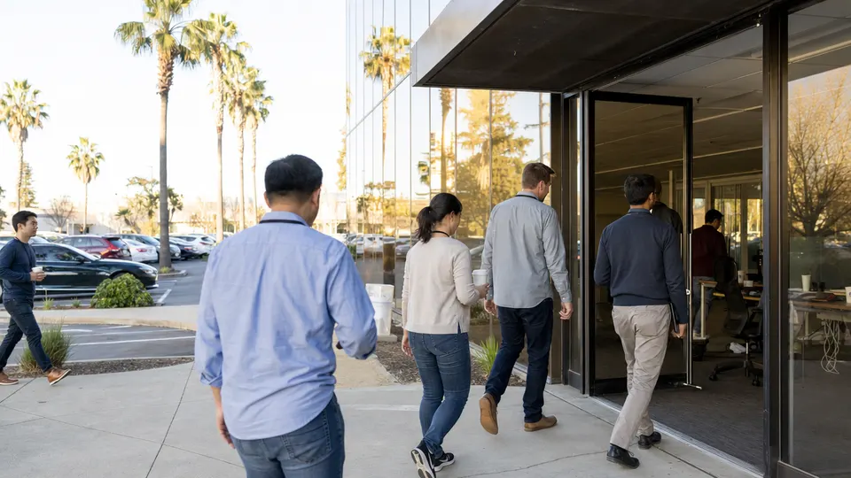 Engineers with lanyards and coffee cups walk toward a glass office building with a gold-tinted facade in San Jose, California.