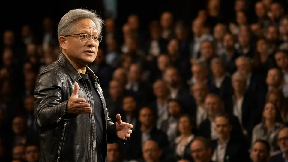 Jensen Huang speaking on a conference stage in warm golden light in front of an attentive audience