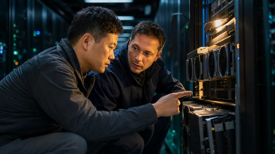 Two engineers examine hardware in an open server rack inside a dimly lit data center, in an illustrative photo for the story.