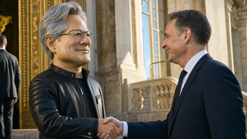 A puppet caricature of Jensen Huang in a black leather jacket shaking hands with a suited man on an ornate palace staircase in warm golden light.