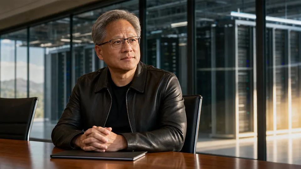 Illustrative photo of Nvidia CEO Jensen Huang at a boardroom table with a data center hall visible behind glass.