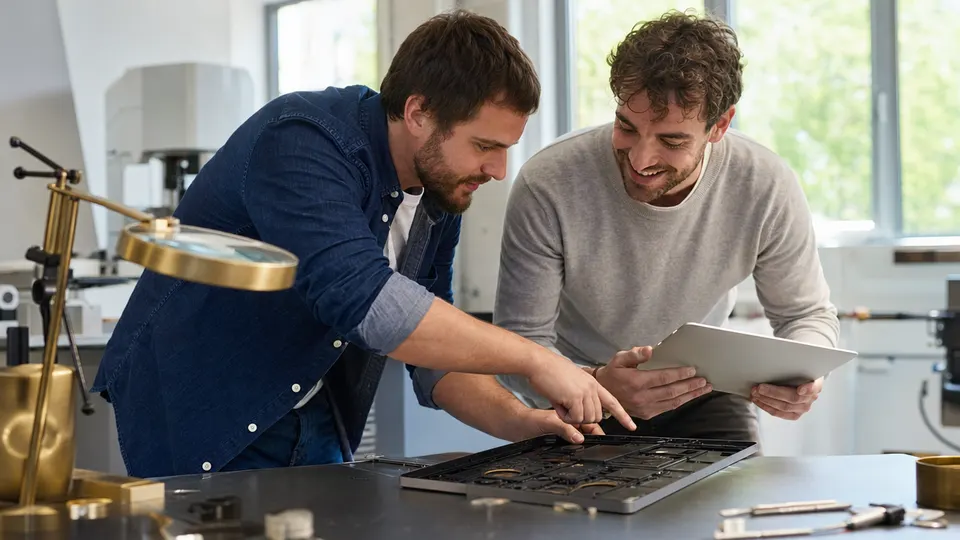Two engineers examining a thin laptop on a lab workbench in bright light.
