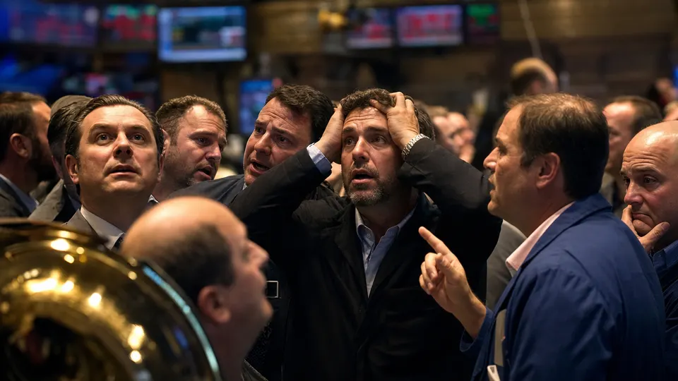 Traders on an exchange floor reacting as markets fall, lit by warm late-afternoon light.