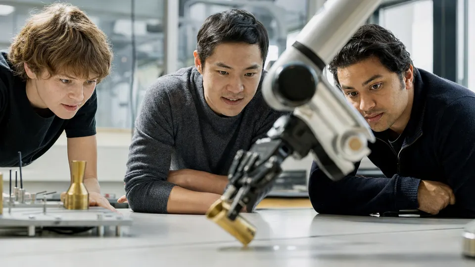 Robotics engineers in a lab watch a robot arm retrieve a dropped object from a table.