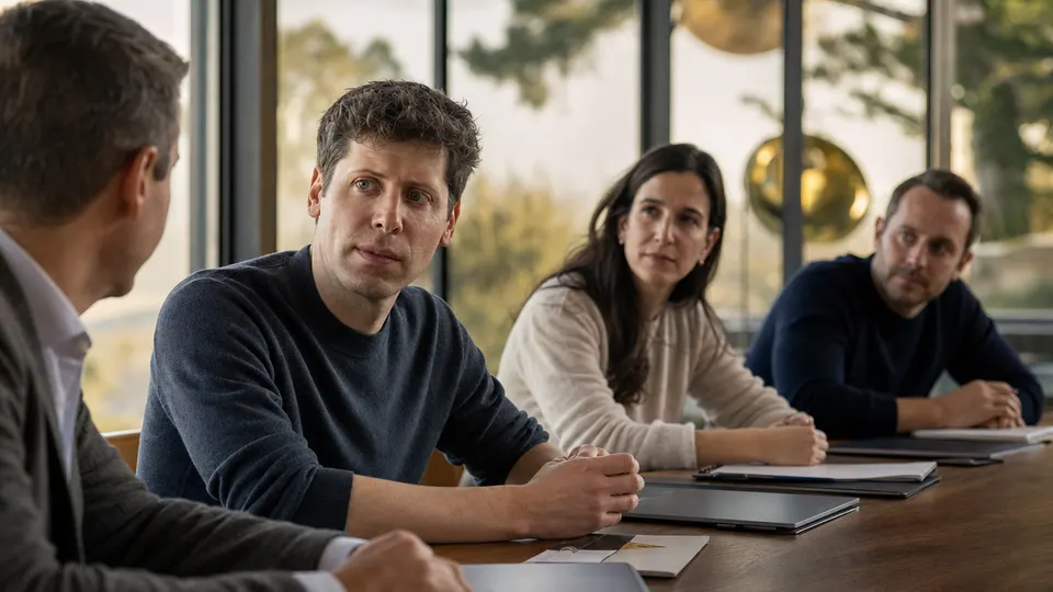 Illustrative photo of an executive in a meeting with colleagues at a conference table, in soft afternoon light.
