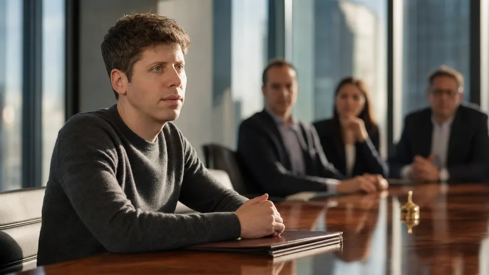 Sam Altman seated at a conference table in a bright meeting room, shown in an illustrative photo style rather than a real event.