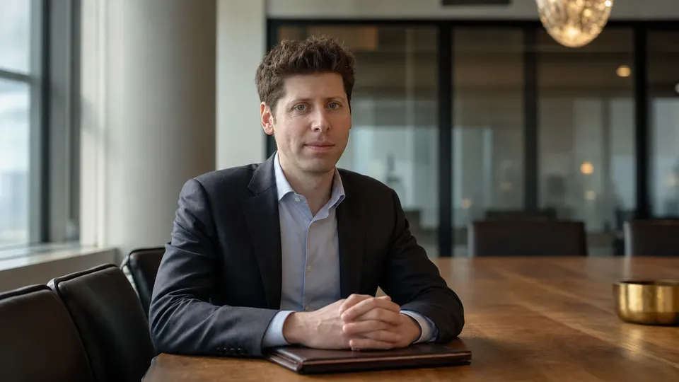 Sam Altman at a conference table in a bright meeting room, photographed in three-quarter view (illustrative image, not a real event).