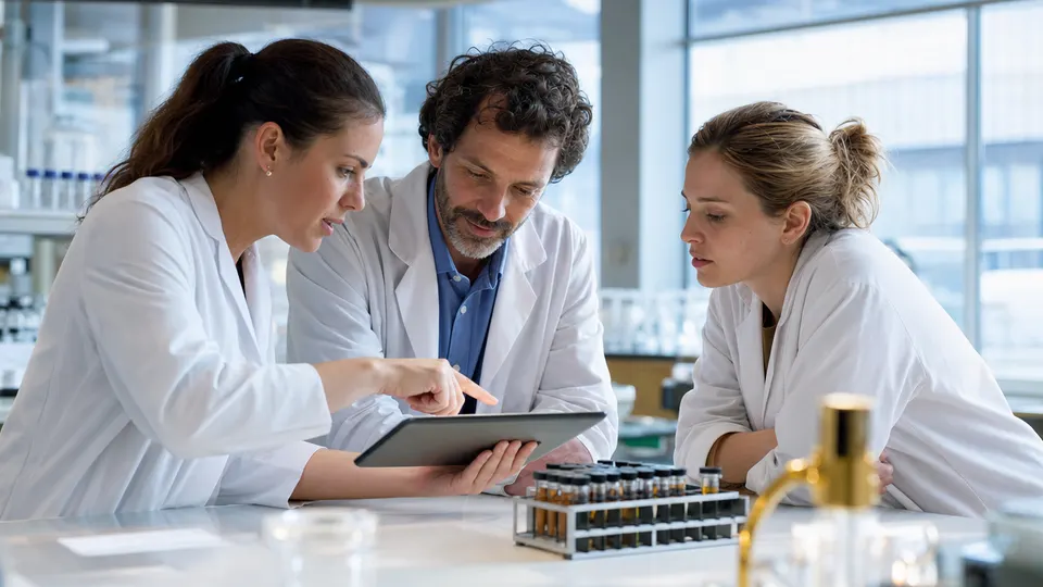 Three researchers in lab coats talk at a laboratory bench with sample vials and a tablet.