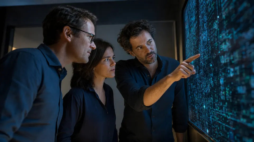Engineers gather around a large code display in a dim lab, examining it closely.