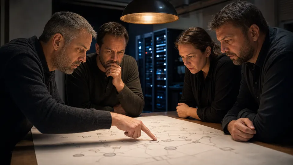 Researchers gather around a table in a dim lab to study a large printed diagram, illustrating a security investigation.