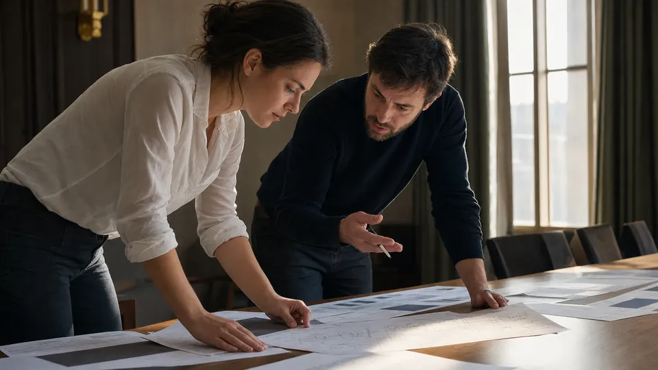 Two researchers study printed transcripts spread across a table in a sunlit conference room.