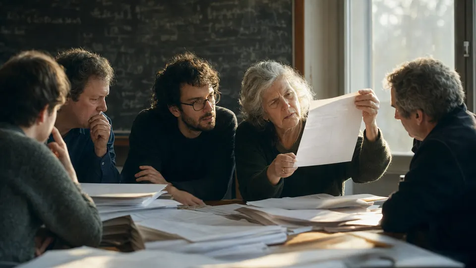 Mathematicians gathered around a table of printed proof pages, one holding a page up to the light with a skeptical expression.
