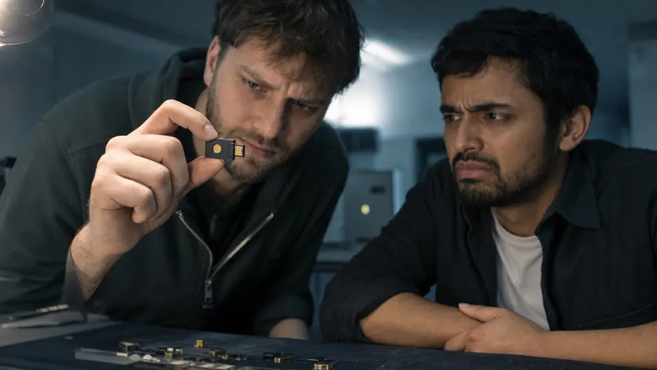 Two security engineers examine a hardware security key in a dim lab, one of them looking skeptical.
