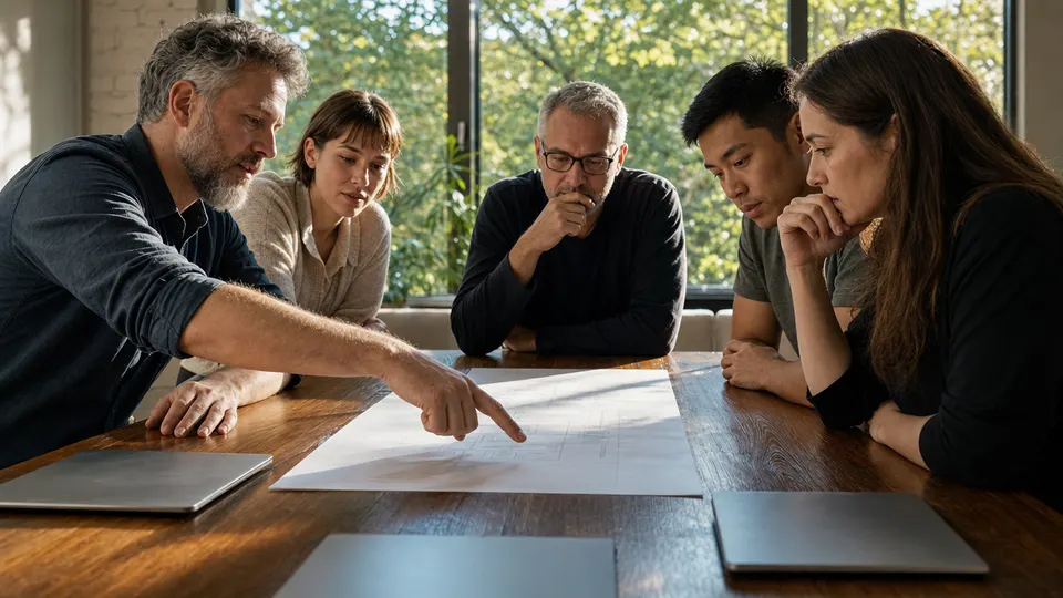 Security engineers and software maintainers talking intently around a conference table in warm afternoon light.