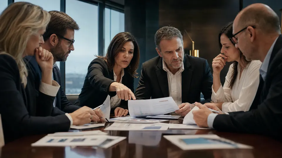 Two anonymous teams discuss pricing across a conference-room table.