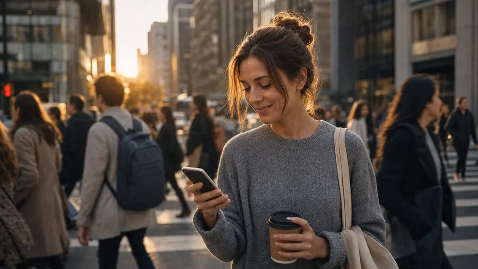 A woman pauses at a city crosswalk at sunset, smiling at a message on her phone while commuters blur behind her.