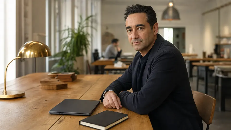 A man in a bright studio workspace sits at a wooden table with a laptop and notebook, looking toward the camera in a calm, professional pose.