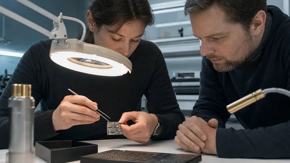 Two engineers examine a small circuit board under a magnifying lamp at a lab workbench.