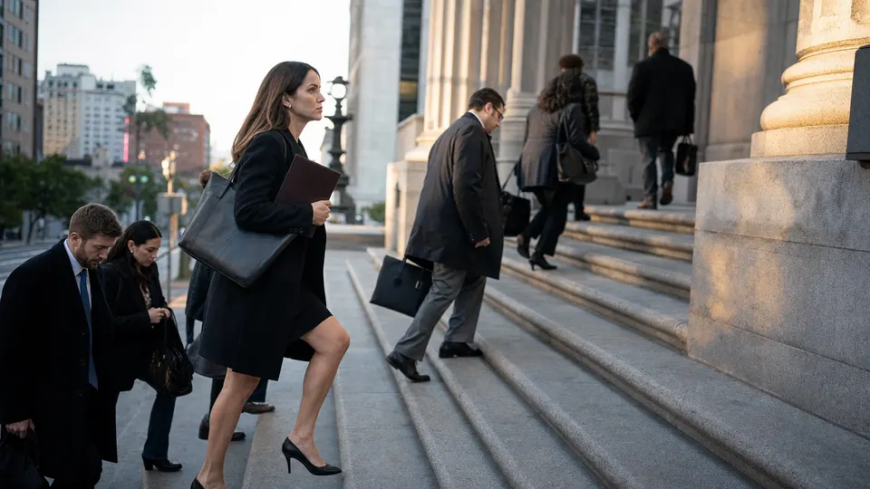 Lawyers and onlookers climb the steps of a federal courthouse in San Francisco in early morning light.