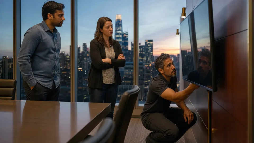 Technicians inspecting the back of a wall-mounted television in a modern glass conference room at dusk
