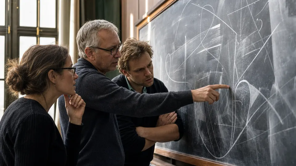 Researchers gathered at a chalkboard full of equations, studying a line of working in a university seminar room.