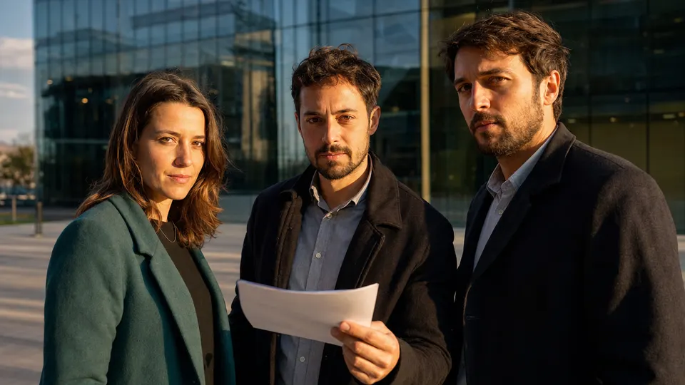 Three researchers stand together outside a glass office building at dusk, one holding a folded letter, looking serious.