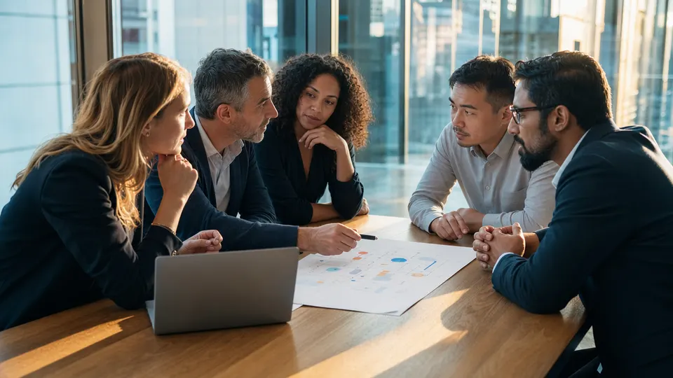 Two groups of professionals confer across a conference table over a laptop and a diagram in a sunlit glass-walled meeting room.