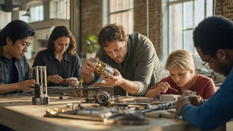 A team of engineers working on different parts of one prototype around a shared workshop bench, illustrating parallel work.