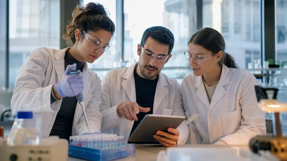 Three researchers in a bright laboratory discuss a sample experiment around a bench, illustrating biology research work.