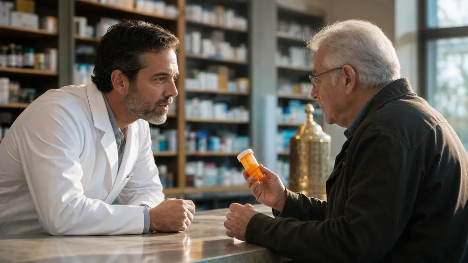 A pharmacist speaks with a customer holding a prescription bottle at a pharmacy counter in soft afternoon light.