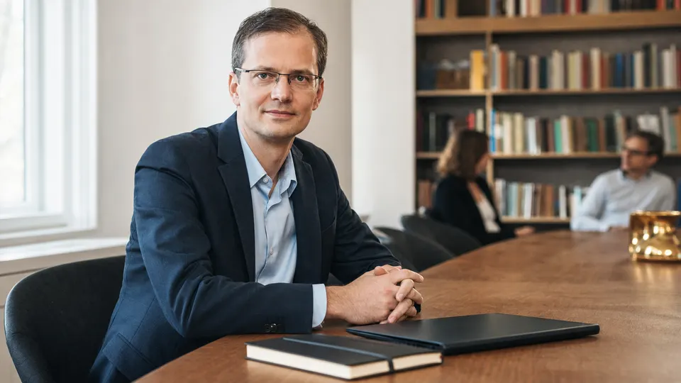 A researcher in a three-quarter portrait at a meeting table in a bright office, with notebooks and bookshelves behind him.