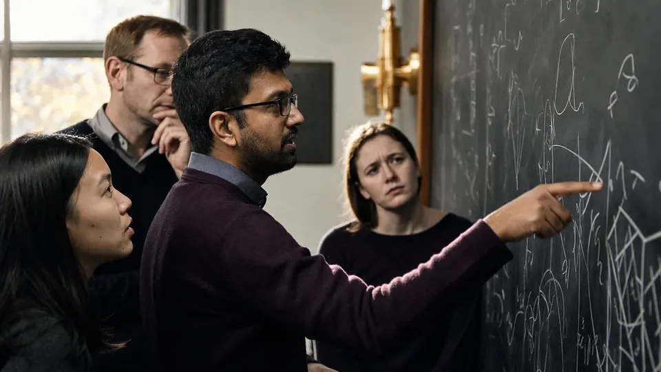 Mathematicians and cryptographers debating in front of a chalkboard filled with equations in a university seminar room.